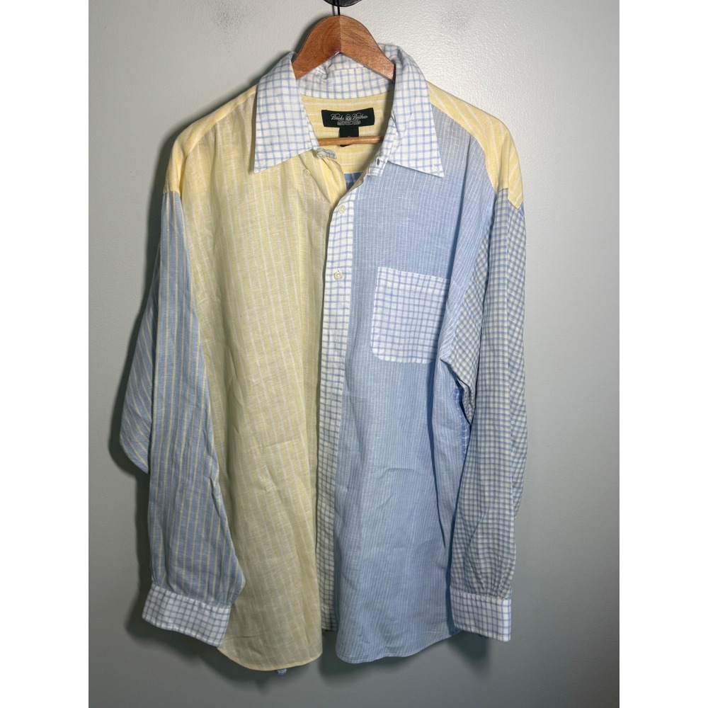 Brooks Brothers Country Club Mens XL Linen Patchwork Shirt Blue Yellow Stripe
